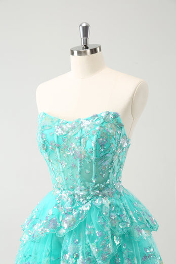 Glitter Green A-Line Sequined Tiered Strapless Short Prom Dress