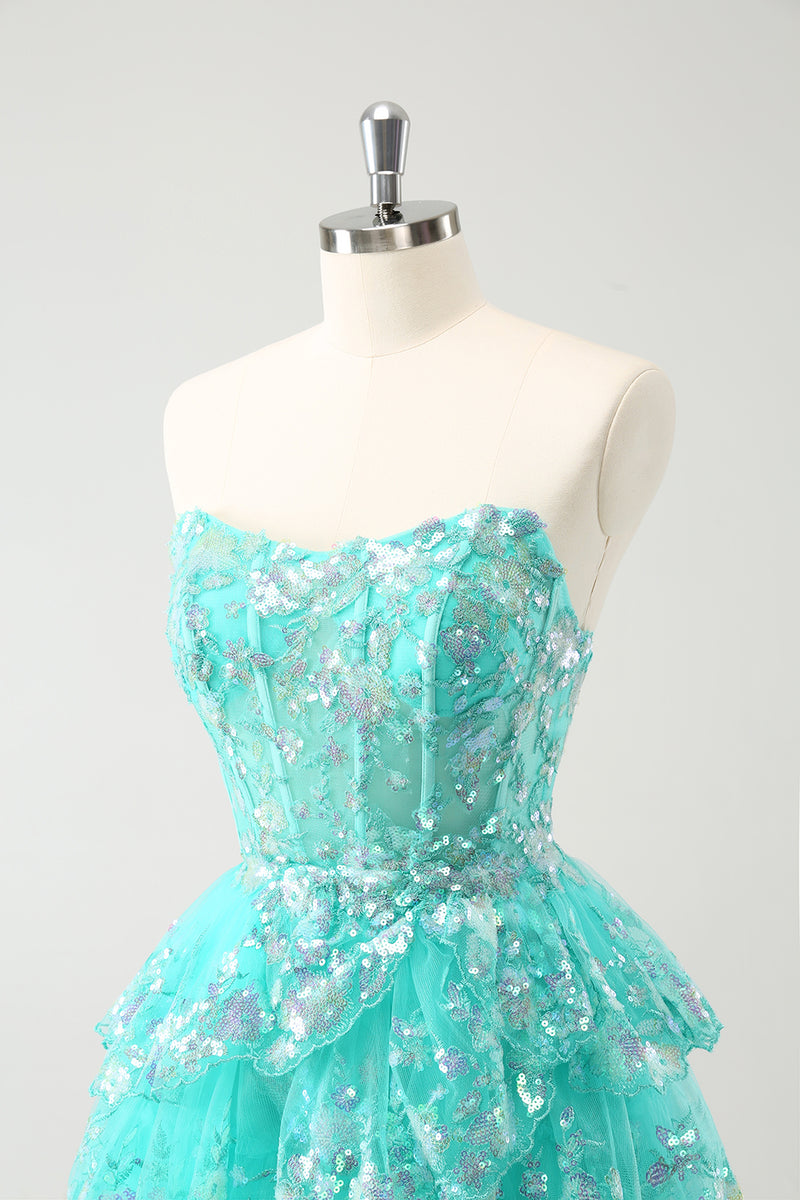 Load image into Gallery viewer, Glitter Green A-Line Sequined Tiered Strapless Short Prom Dress