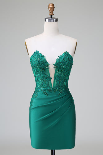 Glitter Dark Green Beaded Tight Appliques Short Prom Dress