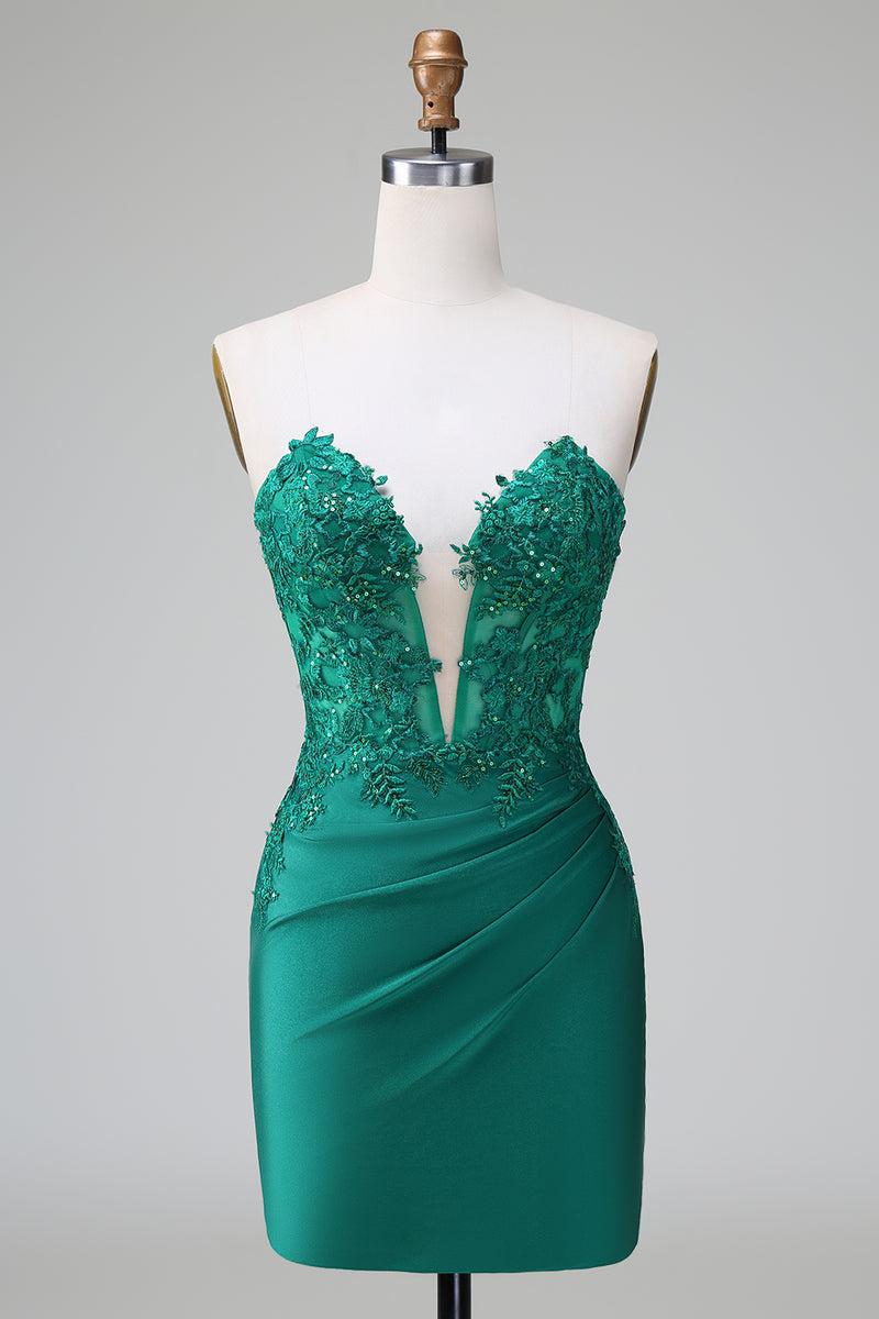Load image into Gallery viewer, Glitter Dark Green Beaded Tight Appliques Short Prom Dress