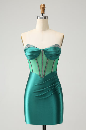 Glitter Dark Green Beaded Corset Satin Short Prom Dress