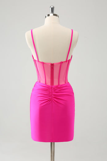 Glitter Fuchsia Corset Beaded Tight Party Dress