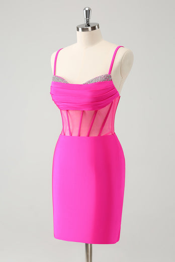 Glitter Fuchsia Corset Beaded Tight Party Dress