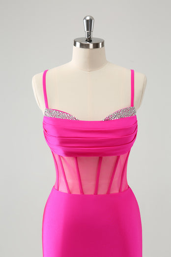 Glitter Fuchsia Corset Beaded Tight Party Dress