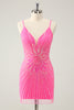 Load image into Gallery viewer, Glitter Fuchsia Tight Sequind Spaghetti Straps Short Prom Dress