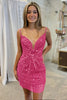 Load image into Gallery viewer, Glitter Fuchsia Tight Sequind Spaghetti Straps Short Prom Dress