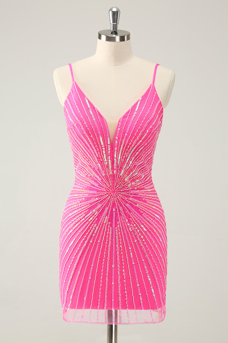 Load image into Gallery viewer, Glitter Fuchsia Tight Sequind Spaghetti Straps Short Prom Dress