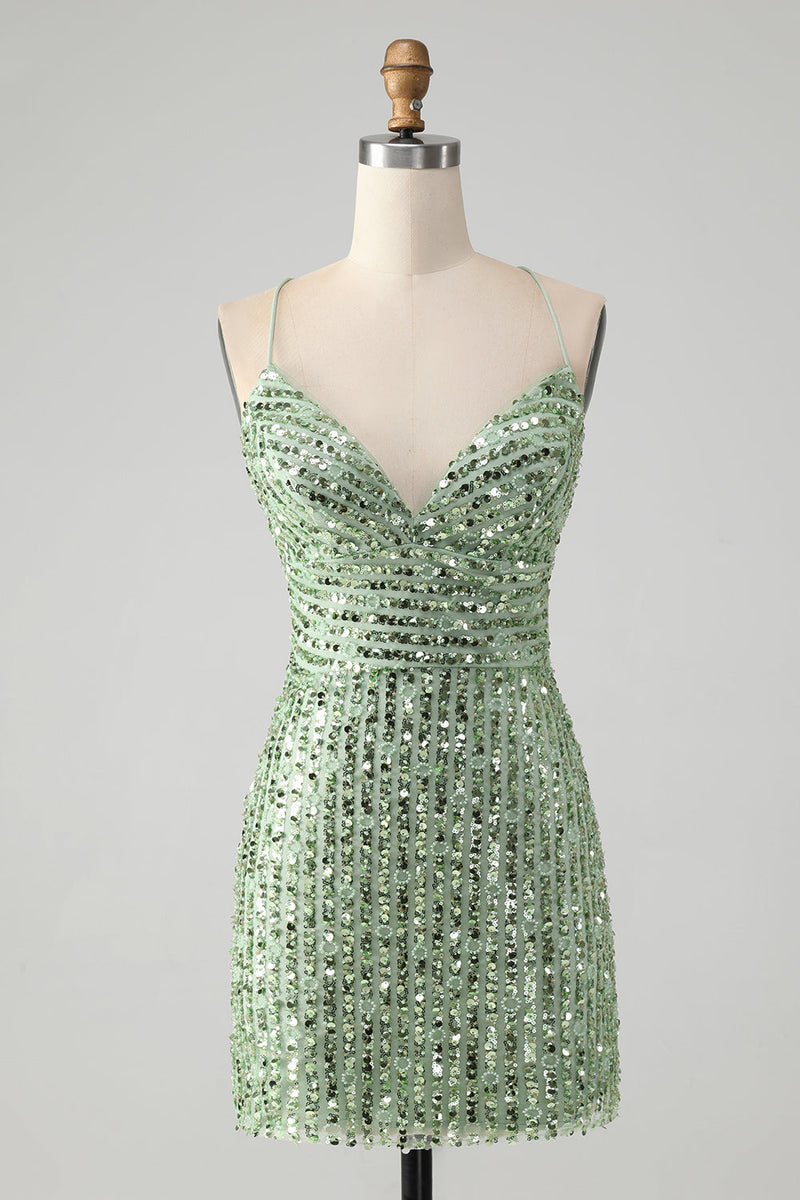 Load image into Gallery viewer, Sparkly Green Bodycon Sequins Lace Up Short Prom Dress