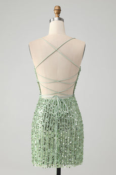 Sparkly Green Bodycon Sequins Lace Up Short Prom Dress