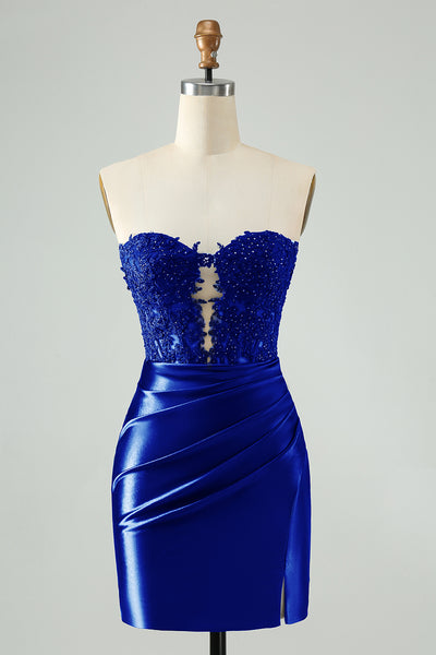 Glitter Royal Blue Beaded Appliques Tight Short Prom Dress