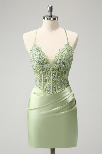 Glitter Green Beaded Appliques Tight Corset Party Dress