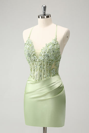 Glitter Green Beaded Appliques Tight Corset Party Dress