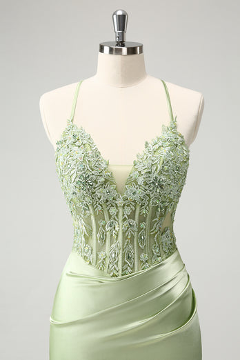 Glitter Green Beaded Appliques Tight Corset Party Dress