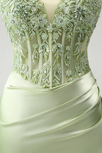 Glitter Green Beaded Appliques Tight Corset Party Dress