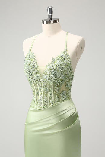 Glitter Green Beaded Appliques Tight Corset Party Dress