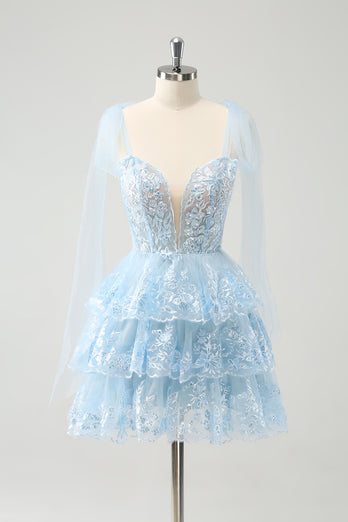 Glitter Blue V Neck A-Line Tiered Appliques Party Dress