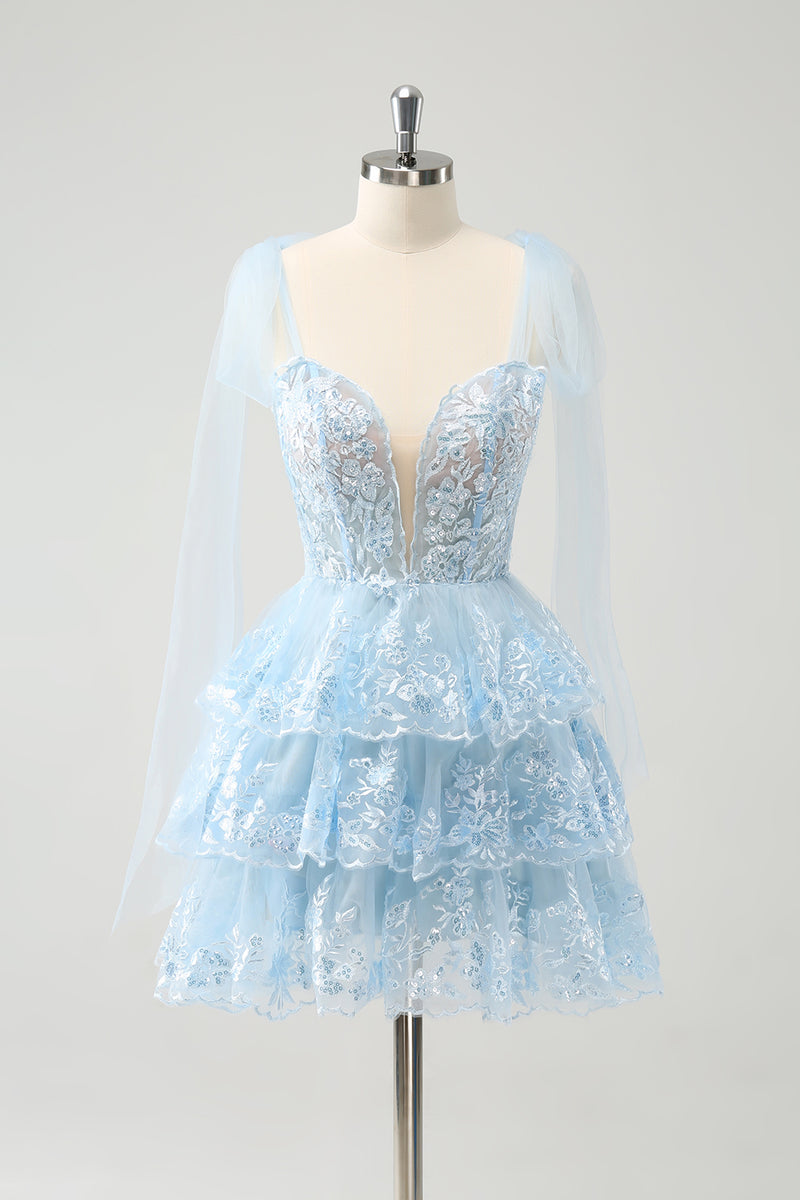 Load image into Gallery viewer, Glitter Blue V Neck A-Line Tiered Appliques Party Dress