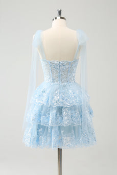 Glitter Blue V Neck A-Line Tiered Embroidery Short Prom Dress