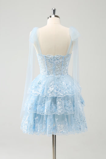 Glitter Blue V Neck A-Line Tiered Appliques Party Dress