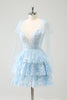 Load image into Gallery viewer, Glitter Blue V Neck A-Line Tiered Appliques Party Dress