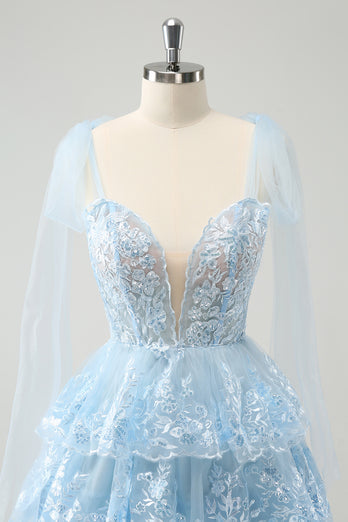 Glitter Blue V Neck A-Line Tiered Appliques Party Dress