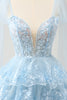 Load image into Gallery viewer, Glitter Blue V Neck A-Line Tiered Appliques Party Dress