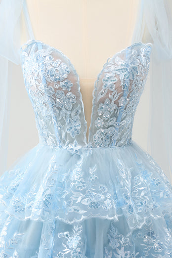 Glitter Blue V Neck A-Line Tiered Appliques Party Dress