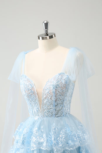 Glitter Blue V Neck A-Line Tiered Appliques Party Dress