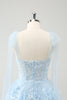 Load image into Gallery viewer, Glitter Blue V Neck A-Line Tiered Appliques Party Dress