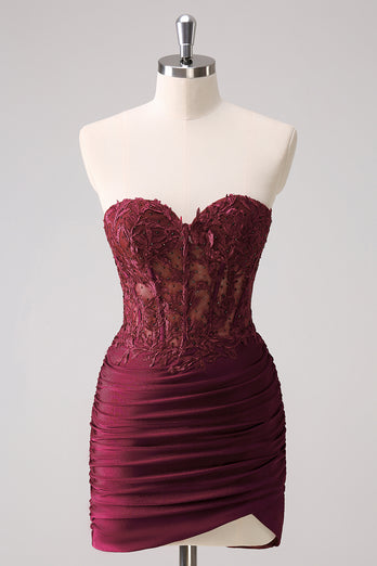 Sparkly Burgundy Bodycon Strapless Corset Beaded Short Prom Dress with Appliques