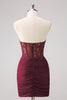 Load image into Gallery viewer, Sparkly Burgundy Bodycon Strapless Corset Beaded Short Prom Dress with Appliques