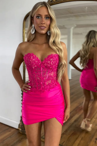 Sparkly Fuchsia Bodycon Strapless Corset Beaded Short Prom Dress with Appliques