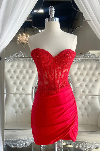 Sparkly Burgundy Bodycon Strapless Corset Beaded Short Prom Dress with Appliques