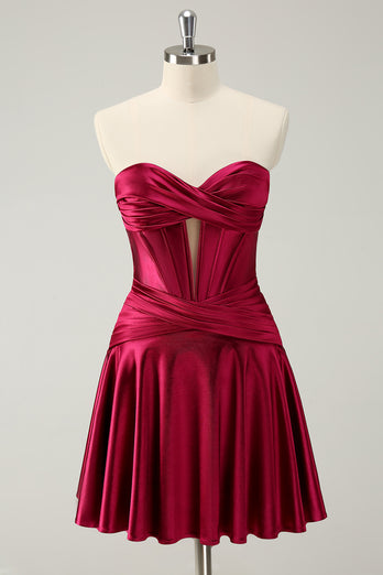 Burgundy A-Line Satin Strapless Keyhole Short Prom Dress