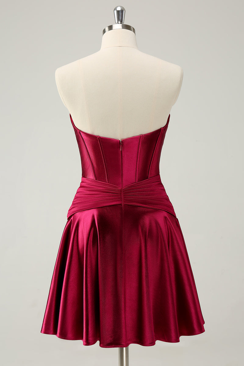 Load image into Gallery viewer, Burgundy A-Line Satin Strapless Keyhole Short Prom Dress