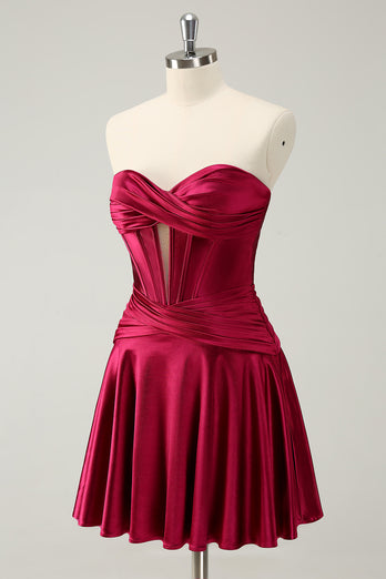 Burgundy A-Line Satin Strapless Keyhole Short Prom Dress