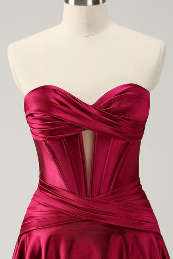 Burgundy A-Line Satin Strapless Keyhole Short Prom Dress