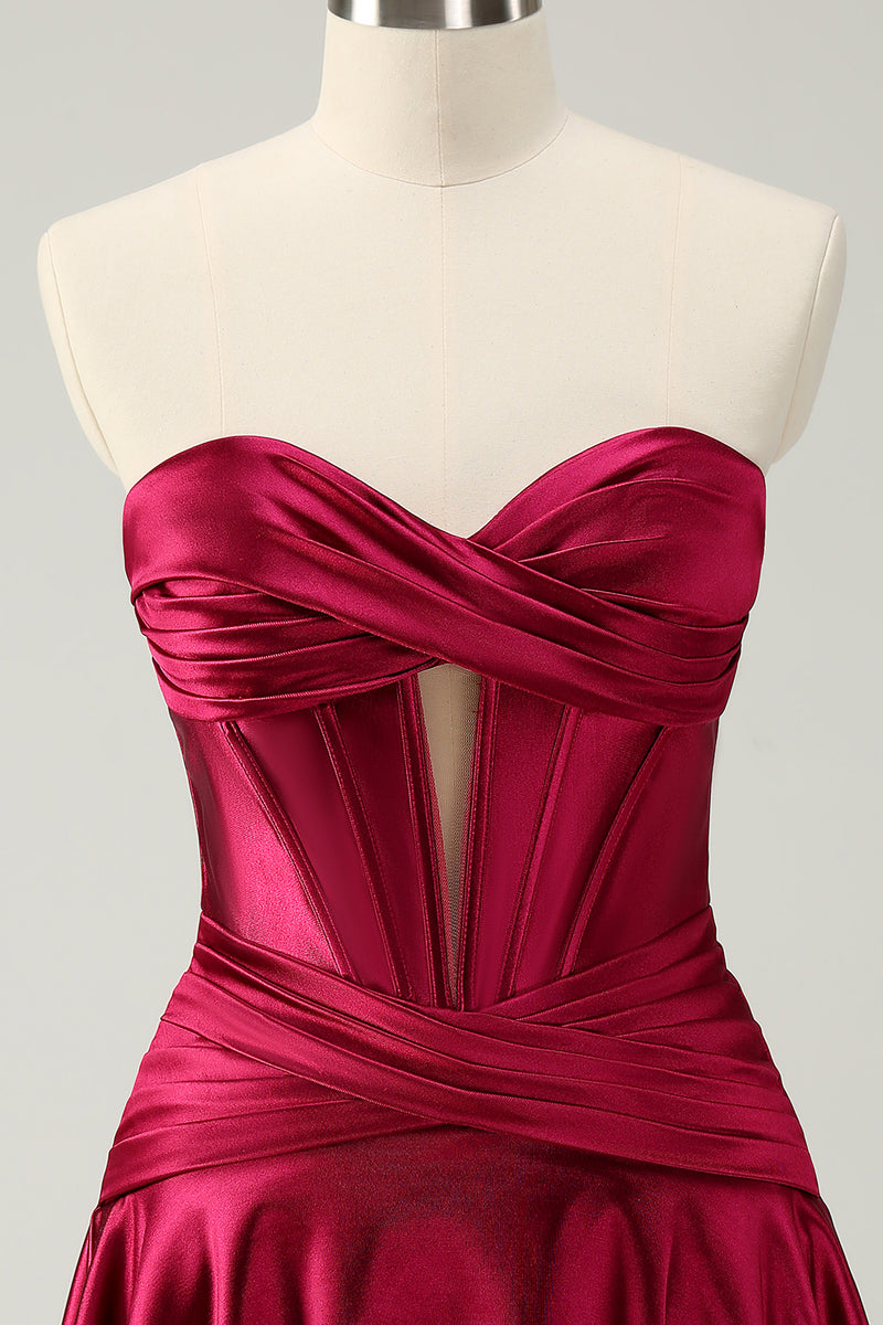 Load image into Gallery viewer, Burgundy A-Line Satin Strapless Keyhole Short Prom Dress