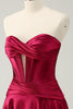 Load image into Gallery viewer, Burgundy A-Line Satin Strapless Keyhole Short Prom Dress