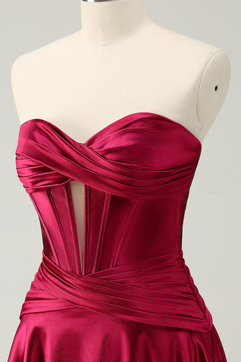 Burgundy A-Line Satin Strapless Keyhole Short Prom Dress