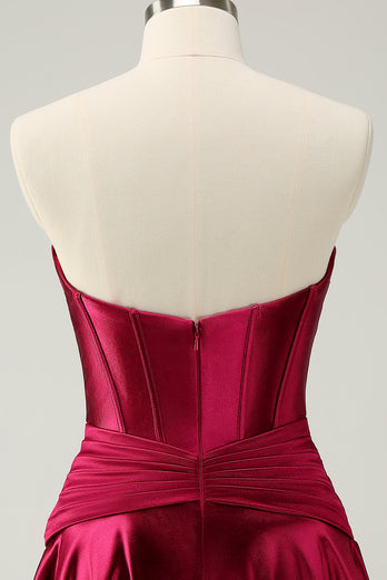 Burgundy A-Line Satin Strapless Keyhole Short Prom Dress