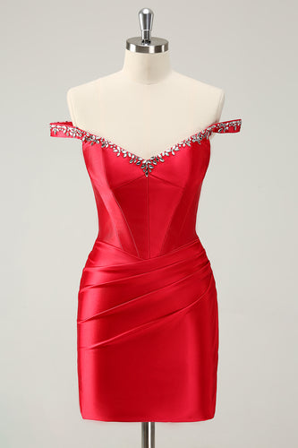 Glitter Red Tight Off-the-Shoulder Beaded Short Prom Dress