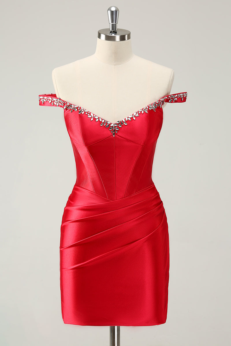 Load image into Gallery viewer, Glitter Red Tight Off-the-Shoulder Beaded Short Prom Dress