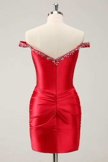 Glitter Red Tight Off-the-Shoulder Beaded Short Prom Dress