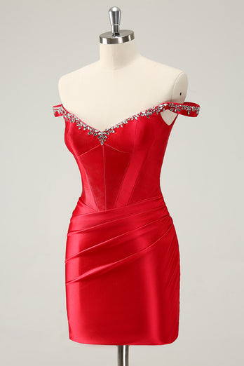 Glitter Red Tight Off-the-Shoulder Beaded Short Prom Dress