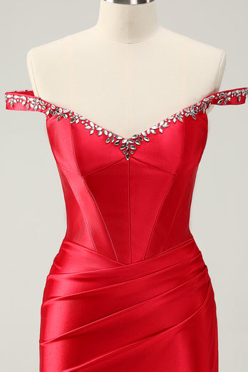 Glitter Red Tight Off-the-Shoulder Beaded Short Prom Dress