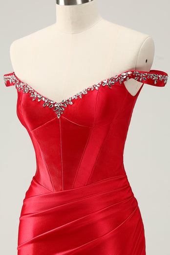 Glitter Red Tight Off-the-Shoulder Beaded Short Prom Dress