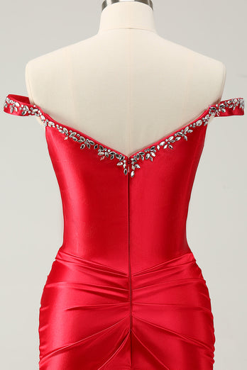 Glitter Red Tight Off-the-Shoulder Beaded Short Prom Dress