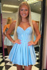 Load image into Gallery viewer, Sparkly Blue A-Line Beaded Spaghetti Straps Corset Short Prom Dress