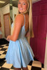 Load image into Gallery viewer, Sparkly Blue A-Line Beaded Spaghetti Straps Corset Short Prom Dress